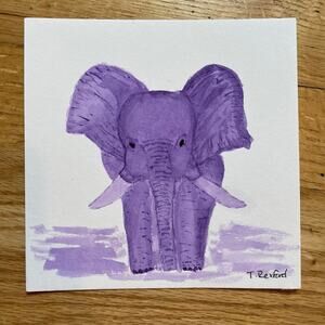Hand painted watercolor original painting purple elephant